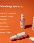 multiple white bottles on orange background with array of words to the left.