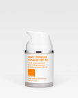 daily defense mineral SPF 50 Facial Sunscreen bottle on white background.