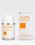 daily defense mineral SPF 50 Facial Sunscreen bottle and box packaging on white background.