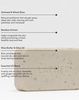 Bar of soap with LATHER branding on a white background, featuring text about its ingredients and benefits.