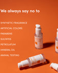 multiple white bottles on orange background with array of words to the left.